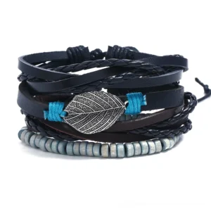 Multi-layer adjustable gothic leather bracelet with antique silver feather charm pendant and wooden beads, flat lay product photography