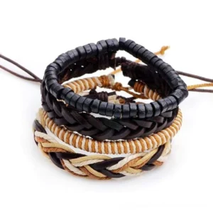4-piece gothic brown leather and rope bracelet set flat lay display showing mixed textures and styles