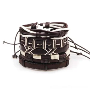 Gothic brown and white woven leather bracelet set of 5 pieces stacked together, front view close-up showing intricate braided details and rope chain construction