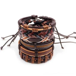 6-piece gothic brown leather bracelet set stacked display, showcasing woven rope details and layered braided wristbands on white background
