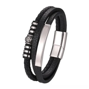 Gothic leather bracelet side profile with vintage engraved metal bead details