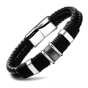 Black braided leather gothic bracelet with stainless steel toggle clasp - overhead angled view on white background