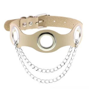 Khaki beige gothic choker flat lay showing silver grommets and chain details