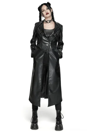 Black gothic long coat with chain lapels and d-ring buckles worn by model on white background, front view showing full silhouette and metal hardware details