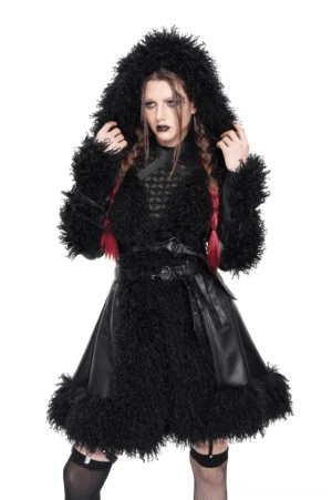 Gothic black faux leather hooded coat with faux fur trim on female model, front three-quarter view showcasing dramatic hood and belted waist design