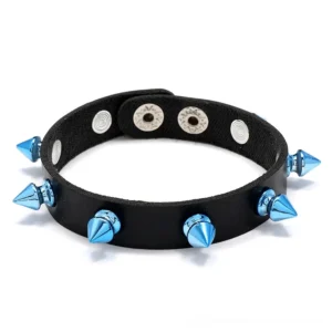 Black gothic leather cuff bracelet with blue cone studs flat lay top view punk spike bangle