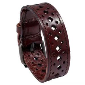 Deep brown vintage geometric leather cuff bracelet with square cutout pattern and adjustable metal buckle closure, front view