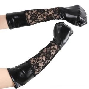 Side view of gothic long gloves displaying the black PU cuff and floral lace forearm section, demonstrating the elegant patchwork design and layered aesthetic for alternative fashion
