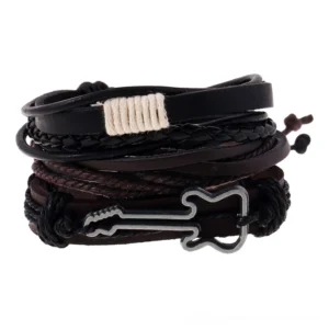 Multi-layer gothic leather bracelet with guitar charm and braided rope flat lay top view
