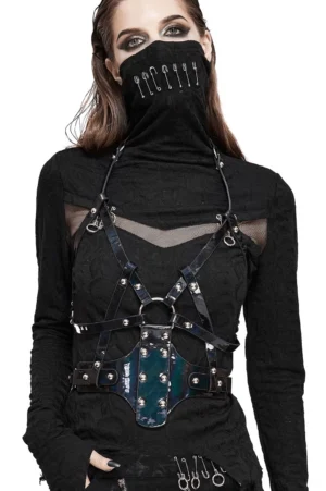Black PU leather body harness with iridescent central panel and silver metal hardware, front view on gothic model