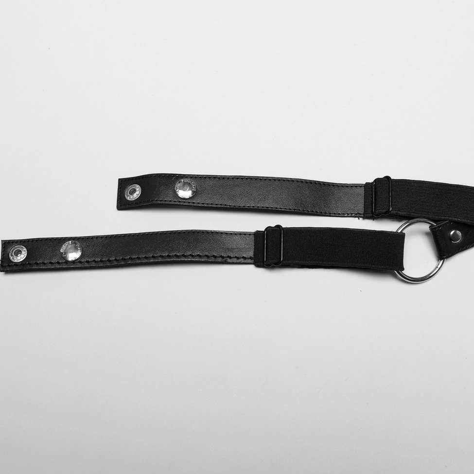 Full product view of goth leather body harness highlighting industrial design elements and metal accents