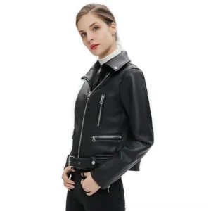Gothic biker jacket side profile displaying silver metal hardware, belted hem detail, and structured lapel collar
