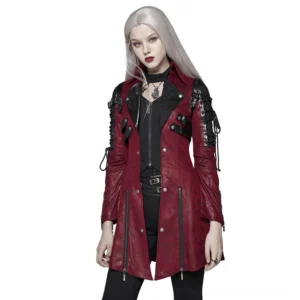 Wine-red gothic leather jacket with black corset lace-up sleeves worn by model - front three-quarter view