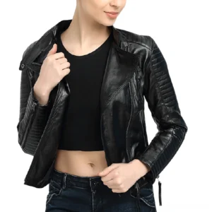 Women's black genuine leather gothic biker jacket front view with asymmetrical zipper and quilted sleeves