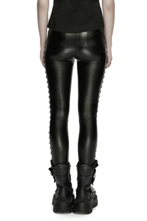 Black gothic faux leather leggings rear view showing adjustable drawstring ankle hem and patch pockets