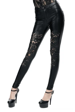 Black PU leather gothic leggings with floral lace cutouts on model, front full-body view