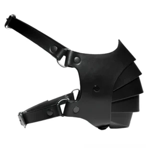Adjustable Gothic mask flat lay display showing metal D-rings riveted straps and layered construction details