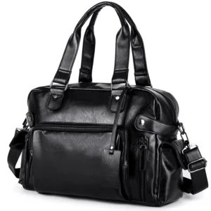 Gothic black leather men's messenger bag with multiple zipper pockets and detachable shoulder strap - three-quarter front view