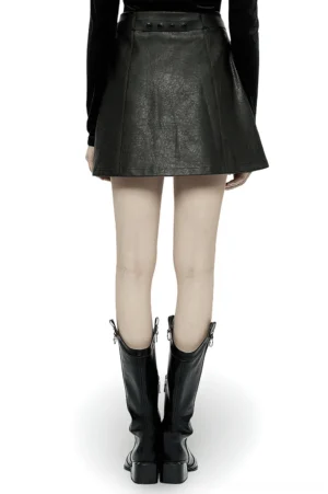 Black faux leather gothic mini skirt rear view showing A-line silhouette and back design