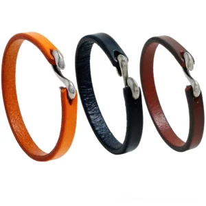 Three-piece gothic leather narrow cuff bracelet set in black, wine red, and camel colors with vintage hook clasps