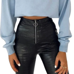 Black gothic high-waist faux leather pencil pants front view, crocodile grain texture detail, O-ring zipper closure, fitted skinny silhouette