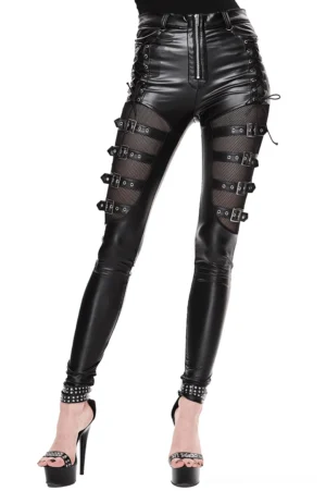 Black PU leather high-waisted gothic pants front view with mesh buckle panels and front zipper, worn by female model in studio