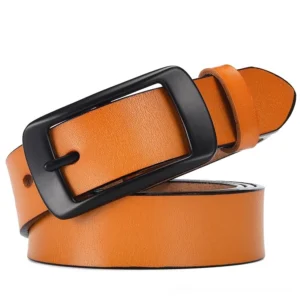 Burnt orange genuine leather gothic pin buckle belt with matte black square buckle, front flat lay view
