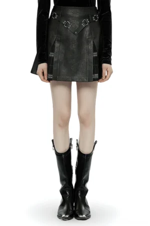 Black faux leather gothic mini skirt with plaid insert and rivet belt, full front view on model