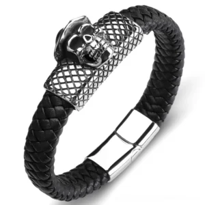 Black braided leather skull bracelet with silver magnetic clasp and fedora-crowned skull charm, overhead front view showcasing grid-textured metal accents and gothic design details