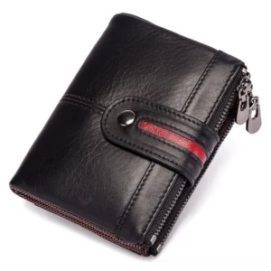 Black genuine leather gothic wallet with red stripe accents and dual zipper coin pockets, front oblique view