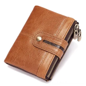 Tan brown genuine leather gothic wallet with two-tone stripe design and metal snap fastener, alternative style accessory
