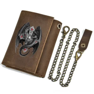 Gothic leather wallet with dragon and cross design, antique iron chain, three-quarter left view showing vintage brown crazy horse leather construction