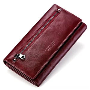 Burgundy leather long wallet exterior with zipper pocket detail, gothic fashion accessory for women