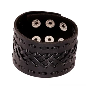 Wide braided leather cuff bracelet handmade gothic punk style - front inner view with metal snap closures