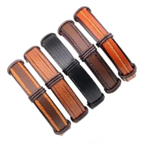 Individual gothic leather wristbands displayed flat lay, showing all 5 pieces with stitched construction and color variants in brown and black tones