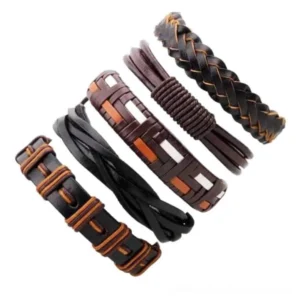 5-piece dark wristband set with woven and stitched leather band details