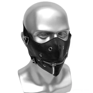 Gothic leather zipper face mask front view - black synthetic leather with metal rivets and functional front zipper, adjustable elastic straps