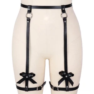 PU leather thigh garter harness with bows on dress form, smooth black finish with metal D-ring hardware and adjustable buckle system