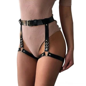 Three-quarter view of gothic leather leg harness - silver eyelet fasteners and adjustable straps detail gothic body chain