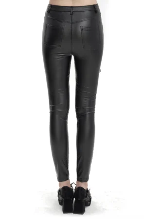 Black faux leather gothic leggings rear view showing fitted silhouette and back pockets on female model