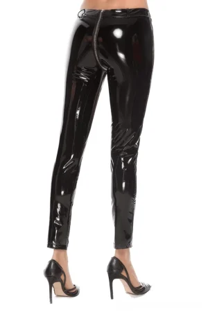Black patent leather gothic leggings rear view showing exposed back zipper design with stiletto heels
