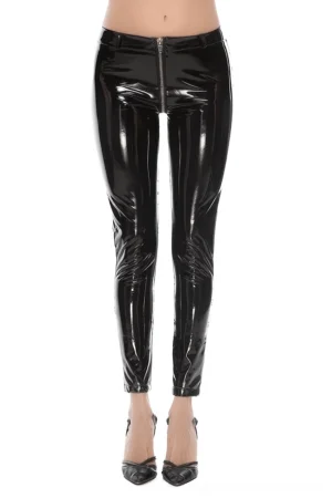 Black shiny patent leather gothic leggings front view worn by female model with back zipper detail