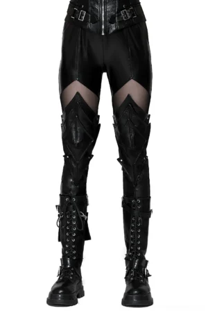 Black PU leather gothic leggings with mesh thigh panels and armored knee details, paired with combat boots, front full view