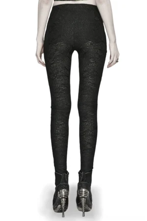 Gothic leggings rear view showing textured embossed lace fabric and minimalist back design with metal buckle details
