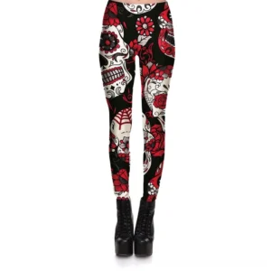 High-waisted sugar skull and rose print leggings front view, demonstrating intricate floral pattern and flattering waistband