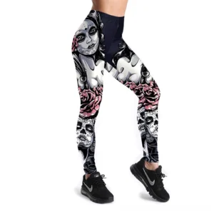 Black gothic skull rose printed high-waist leggings side rear three-quarter view with sneakers