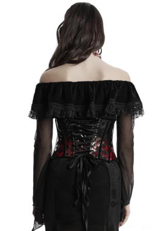 Gothic leopard print corset back view on model, displaying adjustable drawstring lace-up closure and sheer mesh long sleeves for complete alternative outfit styling