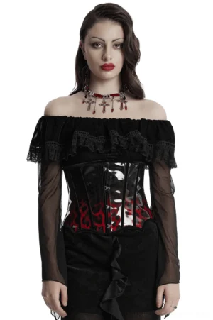 Black and red leopard print patent leather gothic corset worn by female model, front half-body view showcasing red animal print panel and metal buckle fasteners with off-shoulder dark top styling