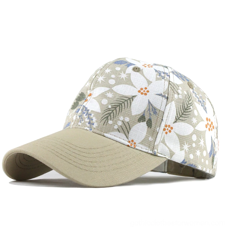 Light khaki gothic baseball cap with white botanical flower prints, light academia style alternative wear