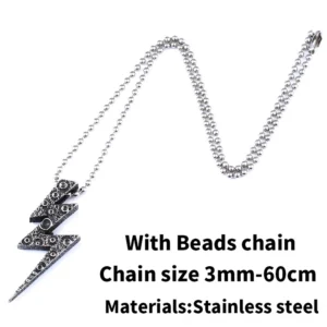 Lightning bolt pendant with 3mm stainless steel beaded chain, 60cm length, flat front view showcasing complete necklace configuration